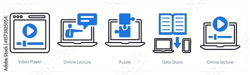 A set of 5 mix icons as video player, online lecture, puzzle