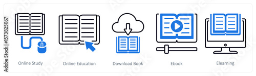 A set of 5 mix icons as online study, online education, download book