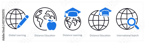 A set of 5 mix icons as global learning, distance education, distance learning