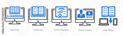 A set of 5 mix icons as elearning, online diploma, online classes