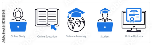 A set of 5 mix icons as online study, online education, distance learning
