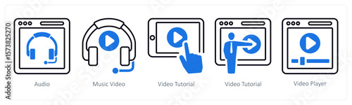 A set of 5 mix icons as audio, music video, video tutorial