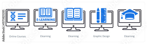 A set of 5 mix icons as online courses, elearning, graphic design