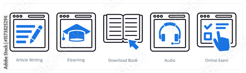 A set of 5 mix icons as article writing, e learning, download book