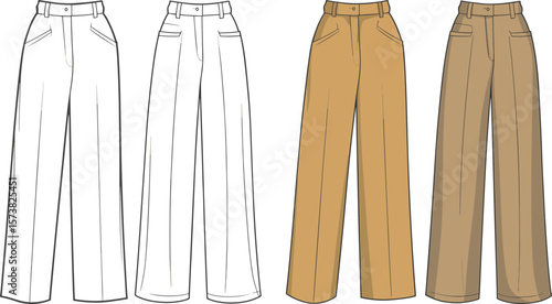 High waist wide leg trousers front view, fashion flat sketch template, technical cad drawing, vector pants illustration for apparel design