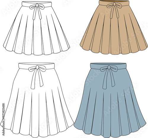Pleated skirt front view vector illustration, fashion flat sketch, bow waist mini and midi skirt CAD, women clothing design
