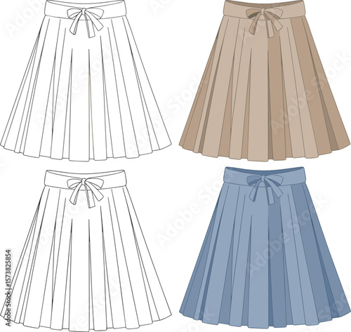 Pleated skirt technical flat sketch with bow waist, midi and mini skirt front view, fashion CAD vector illustration design