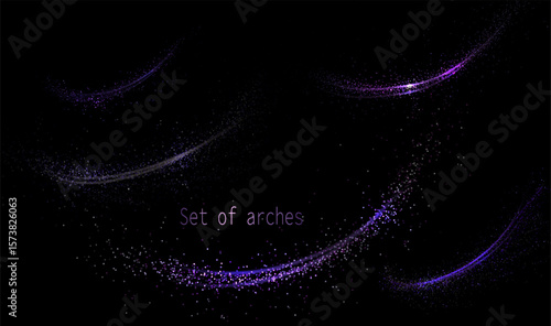 Isolated exquisite design component, set of purple arcs on black background.