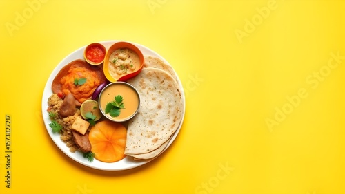 A vibrant indian thali with various curries and roti on a yellow background