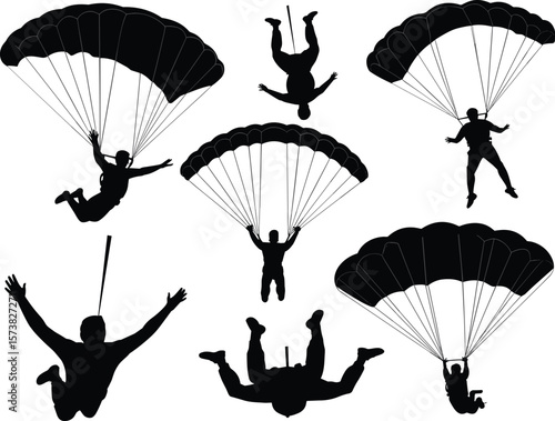 Silhouette of parachutists in freefall and open parachutes, skydiving activity, extreme air sport, cad drawing flat vector illustration