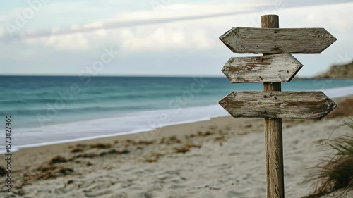 Wooden beach signpost indicating different directions on a sandy shore near calm waves, Wooden signpost at beach, pointing in two directions