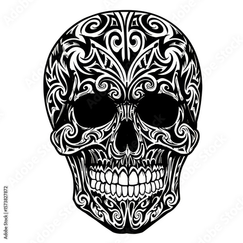 Ornate White Patterned Skull Illustration Tribal Decorative Design Vector
