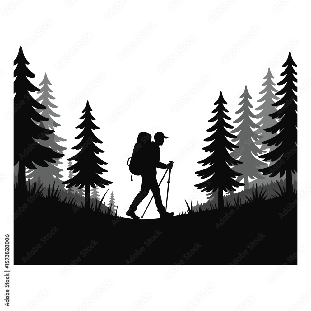 Fototapeta premium Hiker with backpack and poles walking through pine forest silhouette