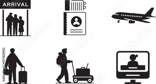 Airport arrival icon with passport airplane traveler cart and check in monitor screen