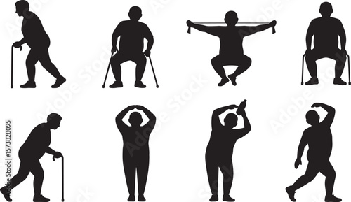 Elderly exercise icon set with walking stick stretches chair squats and gentle workout