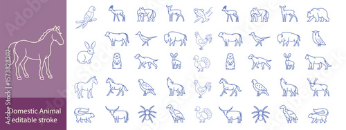Domestic Animal editable stroke outline web icons set. Cow, goat, pig, hen, goose, horse, chicken, rooster and sheep. Vector illustration