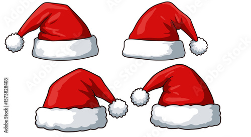 Festive Santa Hat Collection: A delightful ensemble of four iconic Santa hats, rendered with vibrant red and fluffy white accents, evokes the joyful anticipation of the holiday season. 