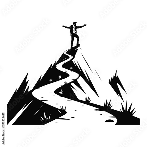 Hiker celebrates reaching mountain summit with arms outstretched silhouette