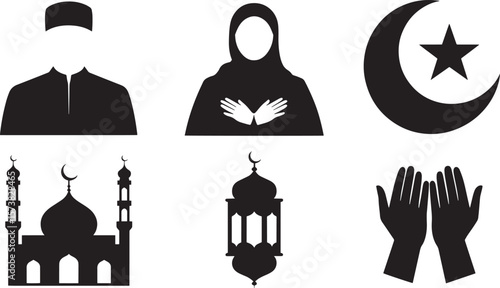 Islamic prayer icons with man woman moon mosque lantern and hands silhouette design