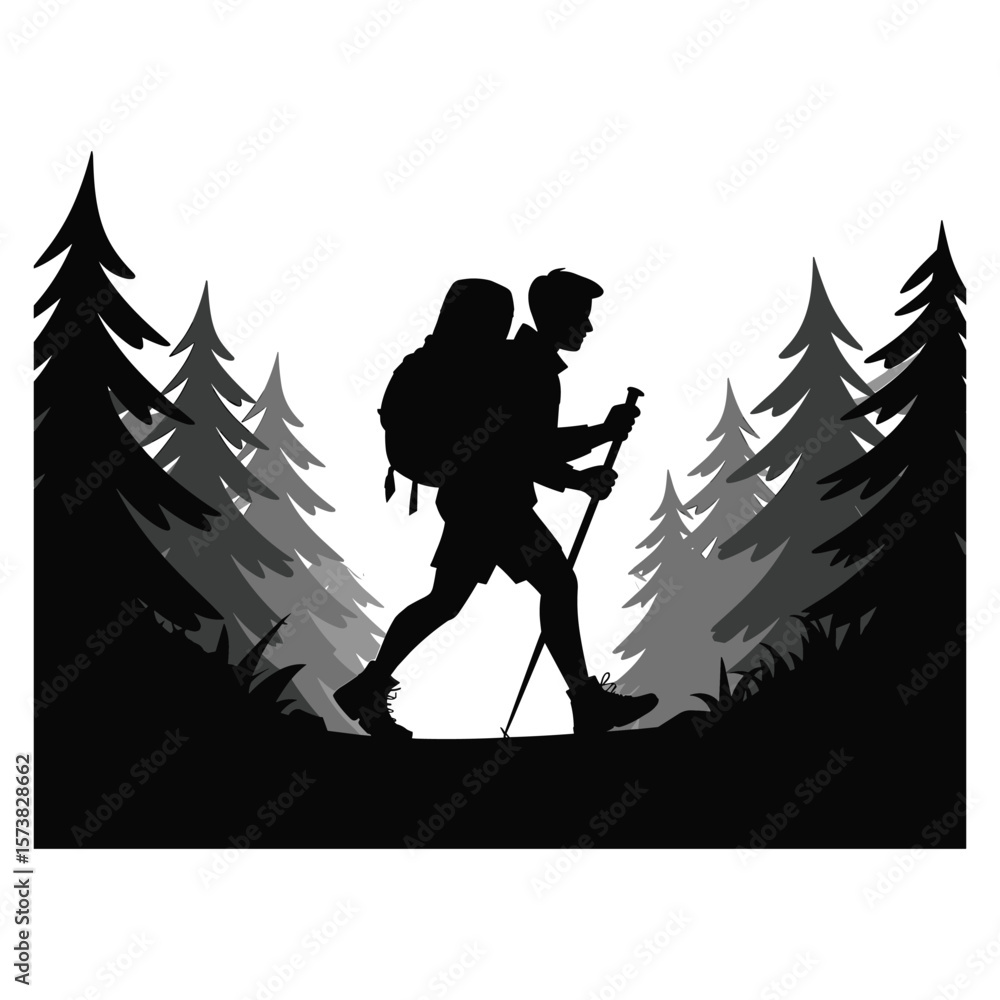 Fototapeta premium Man hiking with backpack and poles through forest silhouette
