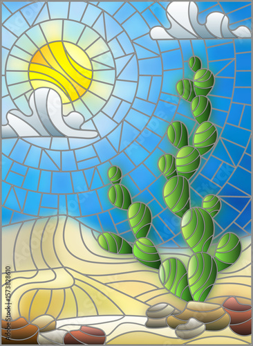Illustration in stained glass style painting with desert landscape, cactus in a lbackground of dunes, sky and sun