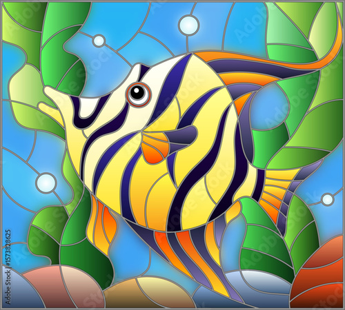 Illustration in the style of a stained glass window with an aquarium fish on a background of algae and water