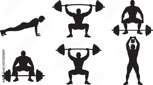 Fitness training icon with push up barbell kettlebell and weightlifting workout poses