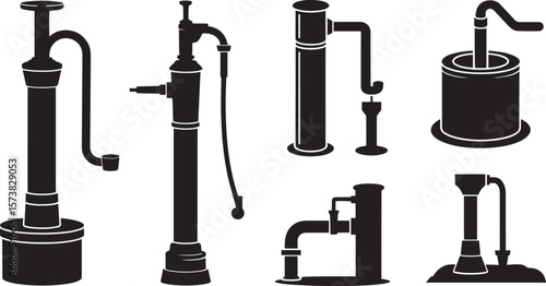 Water pump icon set with hand pumps valves and manual pump old style illustrations
