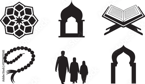 Islamic culture icon with Quran mosque prayer beads family window and geometric art