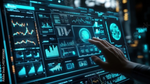 A high-tech AI-powered financial dashboard with a sleek futuristic interface, visualizing real-time stock analytics, AI-driven investment insights, and predictive market trends.