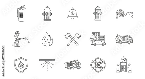 Firefighting Equipment, Tools, and Symbols, Emergency Response, Digital Illustration, Safety Awareness, Minimalist Design
