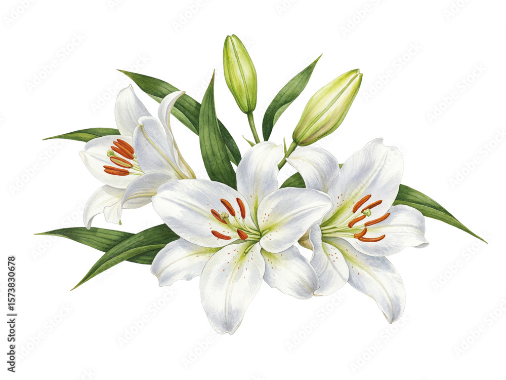 Fototapeta premium Beautiful watercolor painting of white lilies with green leaves and buds on black background