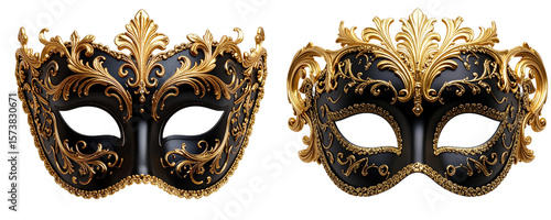 Glamorous Black and Gold Masquerade Party Mask with Glitter and Lace Details, Cut Out PNG