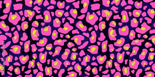 Leopard Neon Seamless Pattern in Pink and Lime. Seamless leopard print in hot pink, lime green, and dark violet. Perfect for fashion design, textiles, party decor and trendy Y2K-style backgrounds
