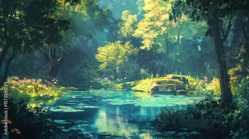 Enchanted pond scene showcasing delicate flora, shimmering water, and sunlit trees
