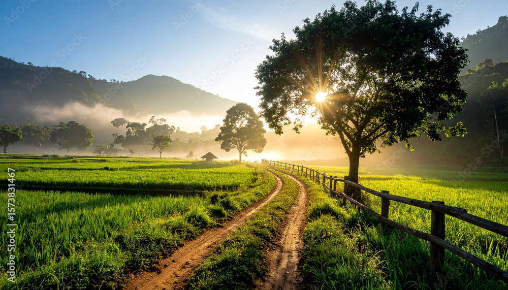Fototapeta premium Scenic Path Through Rice Fields With Silhouetted Trees