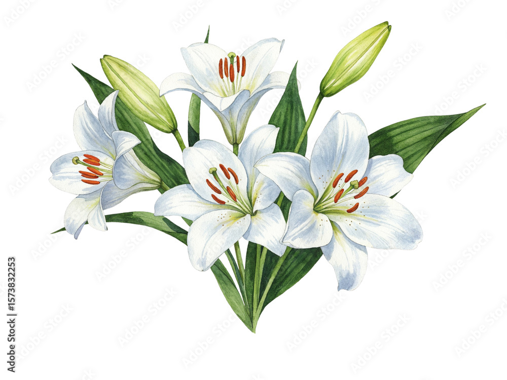 Beautiful watercolor painting of a bouquet of white lilies with green leaves and buds Beautiful watercolor painting of a bouquet of white lilies with green leaves and buds