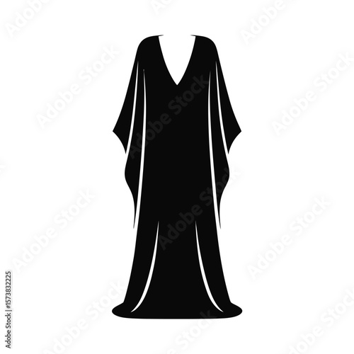 Elegant black kaftan dress silhouette with a v neck and flowing design