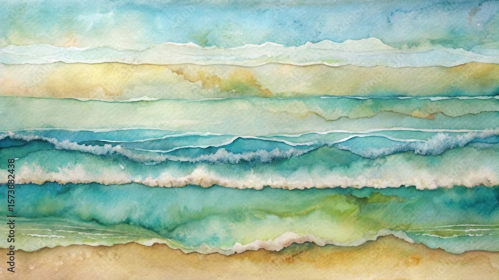 Layered Ocean Waves Watercolor Painting Tranquil Seascape with Textured Sky and Sandy Beach Layered Ocean Waves Watercolor Painting Tranquil Seascape with Textured Sky and Sandy Beach