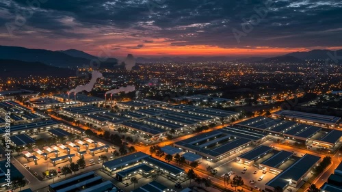An aerial view of a sprawling industrial park in Mexico at dusk, new factory buildings illuminated, nearshoring concept, dramatic lighting, high resolution,