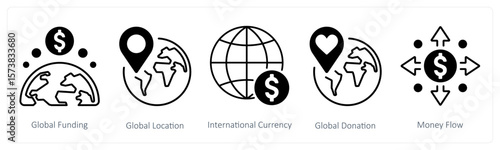 A set of 5 mix icons as global funding, global location, international currency