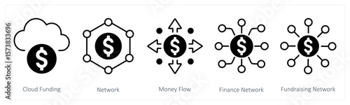 A set of 5 mix icons as cloud funding, network, money flow