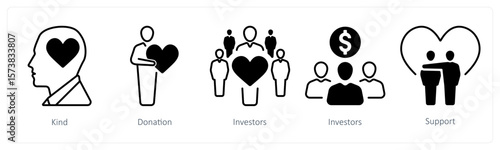 A set of 5 mix icons as kind, donation, investors