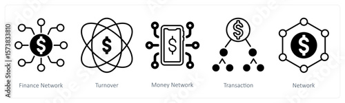 A set of 5 mix icons as finance network, turnover, money network