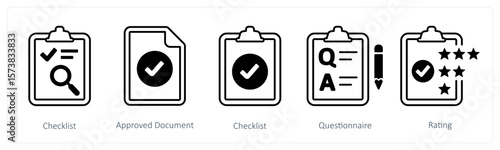 A set of 5 mix icons as checklist, approved document, questionnaire