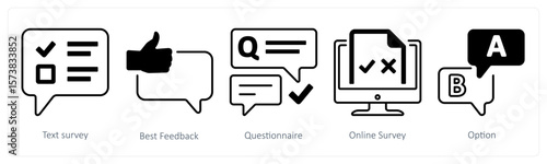 A set of 5 mix icons as text survey, best feedback, questionnaire