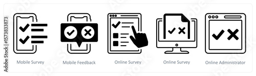 A set of 5 mix icons as mobile survey, mobile feedback, online survey