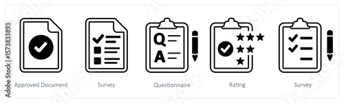 A set of 5 mix icons as approved document, survey, questionnaire