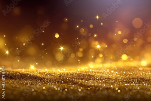Golden glitter sparkles against a blurred dark background creating a magical shimmering effect