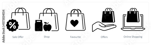 A set of 5 mix icons as sale offer, shop, favorite